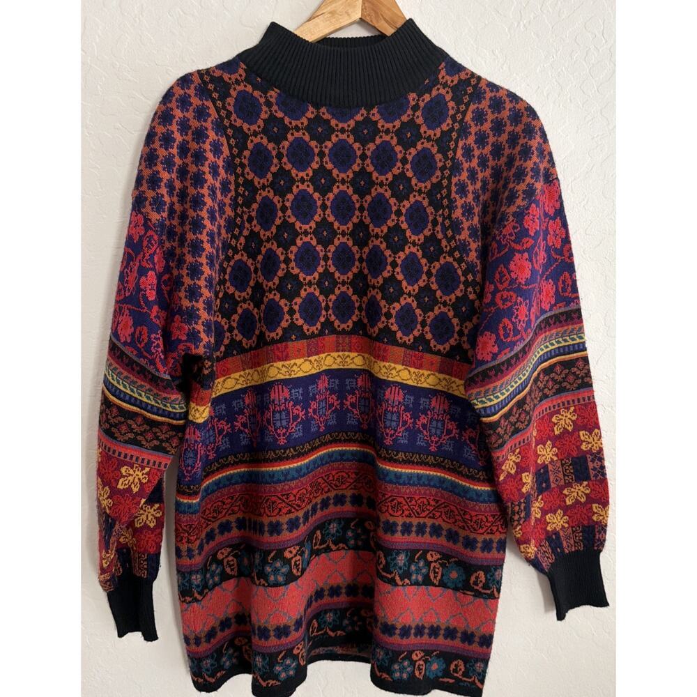 VTG Ossi Ski Wool Blend Colorful Sweater Womens L Mock Neck Geometric Floral